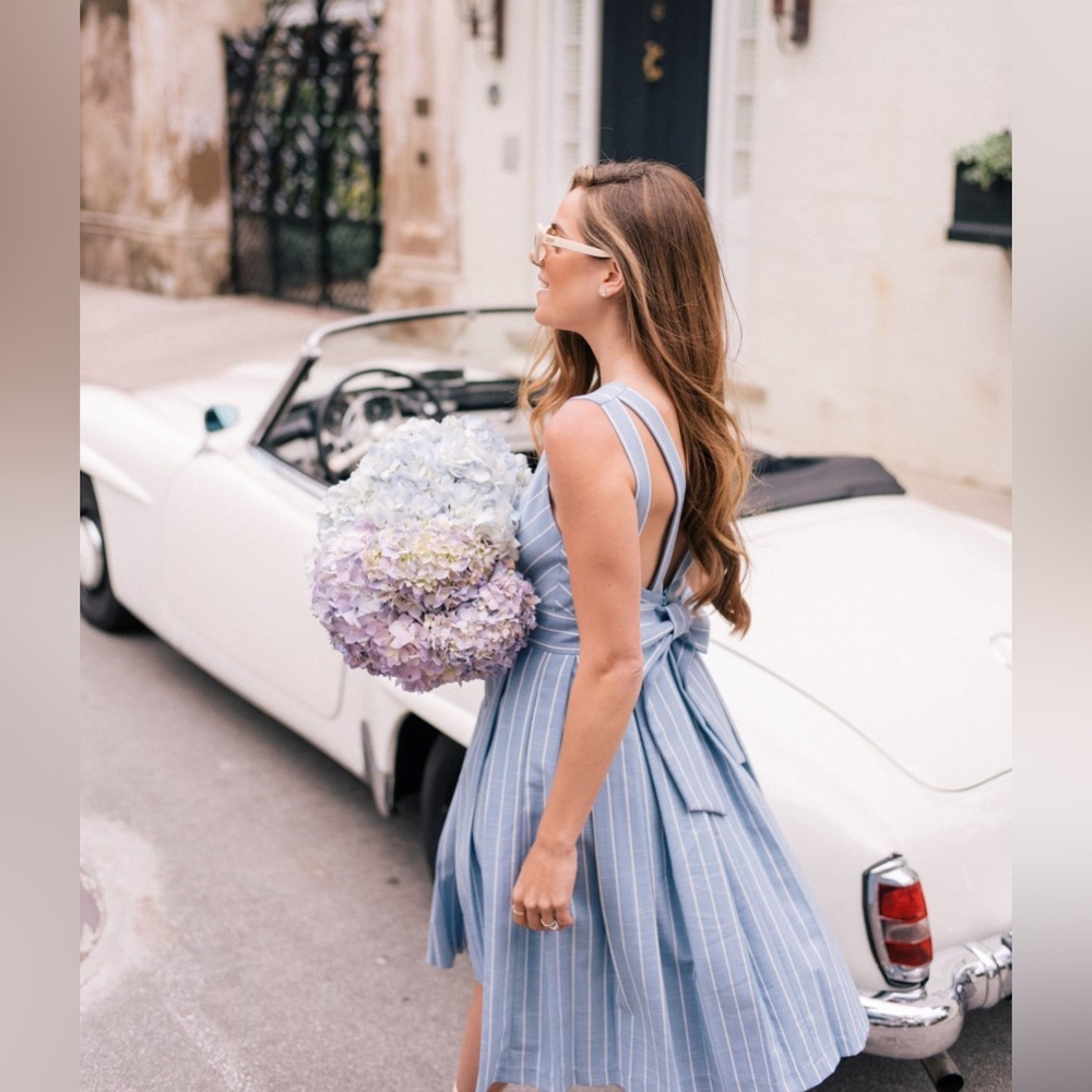 Girl Meets Glam Blue White Stripe Bow Dress - Picture 2 of 8